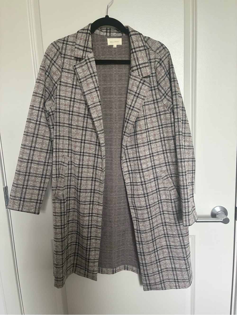 Melloday Plaid Open Front Coatigan - Gray